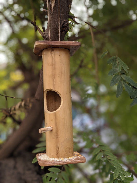 Bamboo Bird House | Handmade Bird Feeder | Decorative Wooden Bird Nest with Hanging Rope