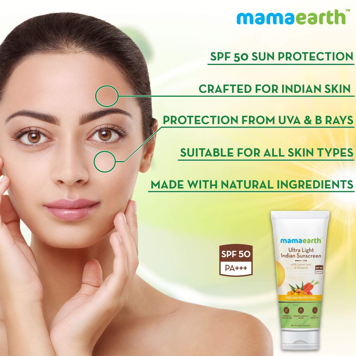 Mamaearth's Ultra Light Natural Sunscreen Lotion SPF 50 PA+++ For Indian Skin, With Turmeric & Carrot Seed, 80ml