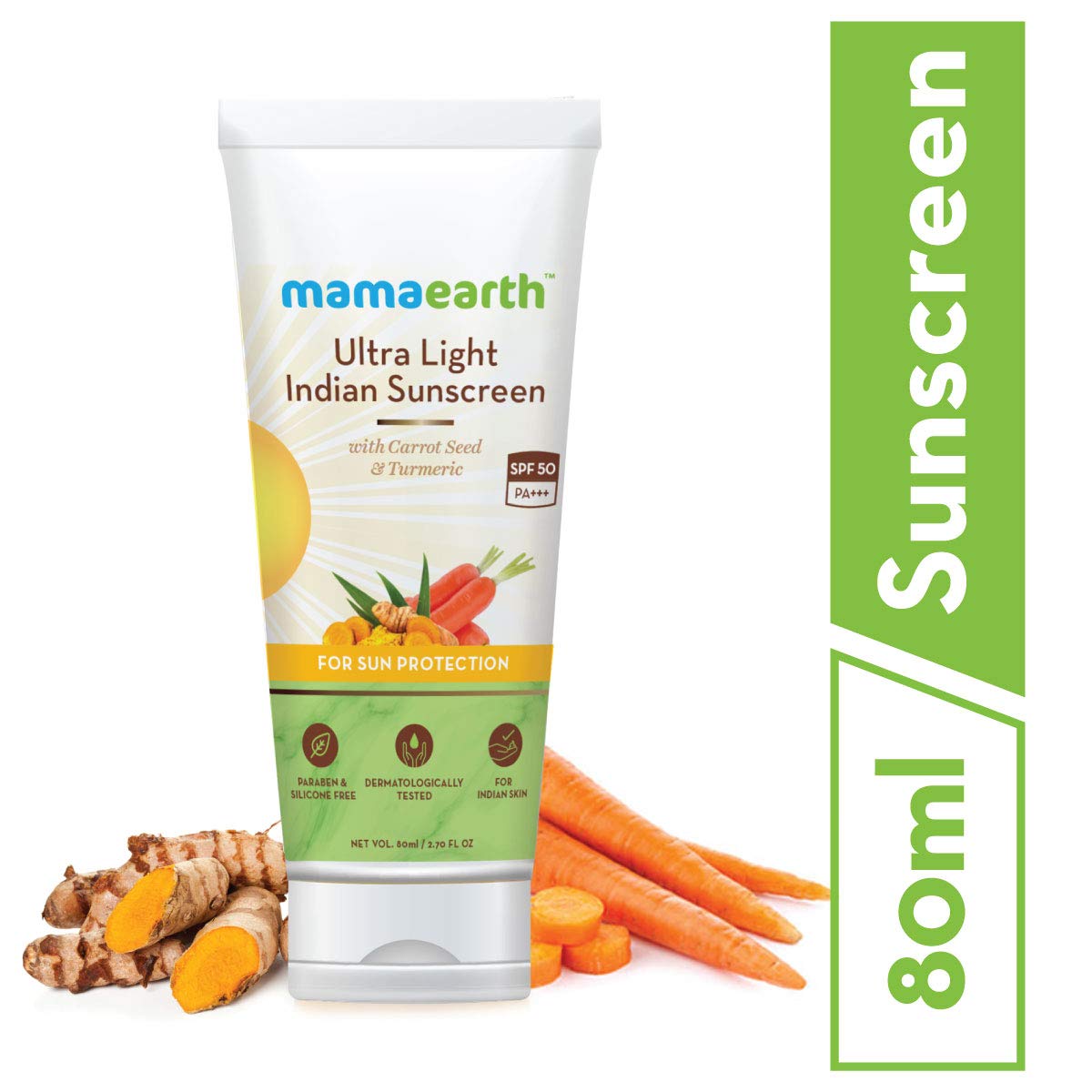 Mamaearth's Ultra Light Natural Sunscreen Lotion SPF 50 PA+++ For Indian Skin, With Turmeric & Carrot Seed, 80ml