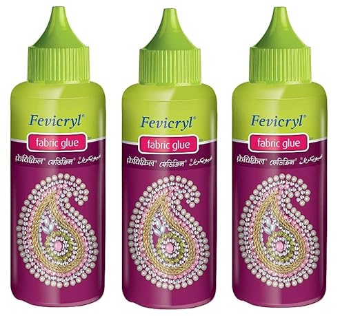 Set of 3 Fabric glue fevicryl 80 Grams Each bottle No Stitch Glue - Mirror Pieces, Patchwork, Stones, Laces, Sequins and etc